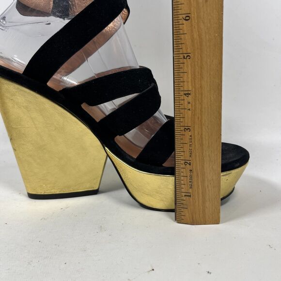 MARC BY MARC JACOB Sandals 40 Suede 5" Block Heels Platform Black Gold - Picture 13 of 16